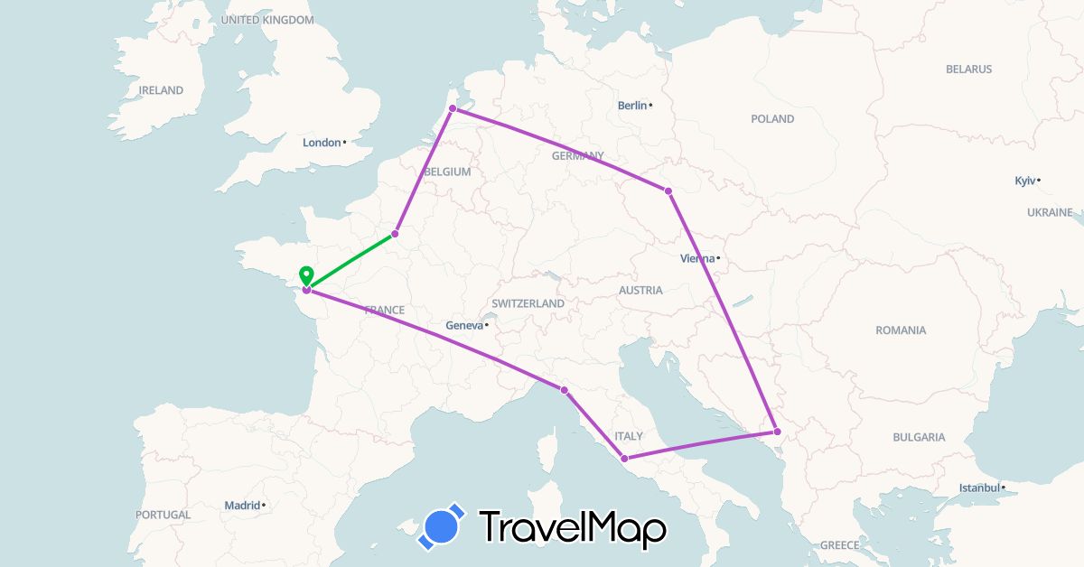 TravelMap itinerary: driving, bus, train in Czech Republic, France, Italy, Montenegro, Netherlands (Europe)