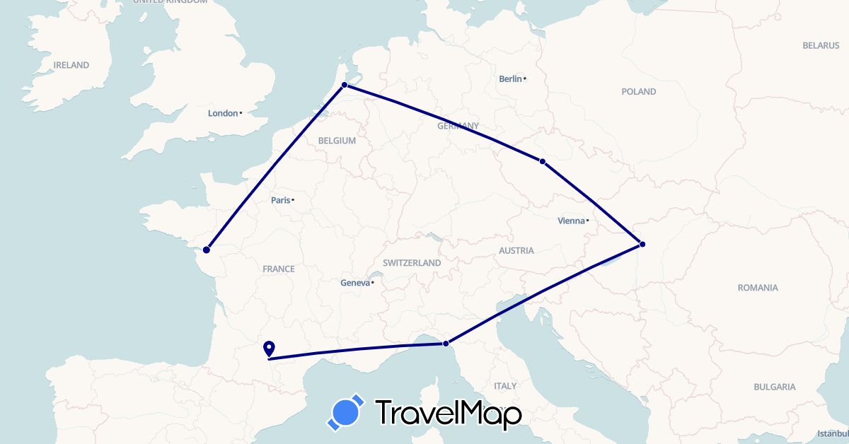TravelMap itinerary: driving in Czech Republic, France, Hungary, Netherlands (Europe)